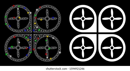 Glowing mesh nanocopter icon with lightspot effect. Abstract illuminated model of nanocopter. Shiny wire carcass polygonal network nanocopter icon. Vector abstraction on a black background.