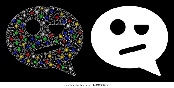 Glowing mesh negation smiley message icon with glare effect. Abstract illuminated model of negation smiley message. Shiny wire frame polygonal mesh negation smiley message icon.