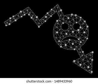 Glowing mesh negative smiley trend with glare effect. Abstract illuminated model of negative smiley trend icon. Shiny wire frame triangular network negative smiley trend.