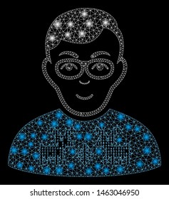 Glowing mesh nerd boy with glare effect. Abstract illuminated model of nerd boy icon. Shiny wire carcass triangular mesh nerd boy. Vector abstraction on a black background.