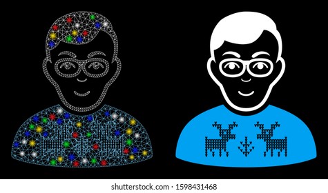 Glowing mesh nerd boy icon with sparkle effect. Abstract illuminated model of nerd boy. Shiny wire carcass polygonal mesh nerd boy icon. Vector abstraction on a black background.
