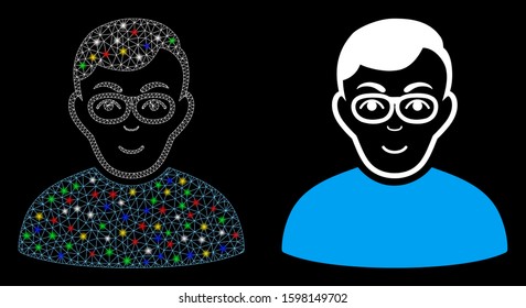 Glowing mesh nerd man icon with lightspot effect. Abstract illuminated model of nerd man. Shiny wire frame polygonal mesh nerd man icon. Vector abstraction on a black background.