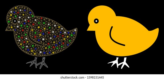 Glowing mesh nestling chick icon with lightspot effect. Abstract illuminated model of nestling chick. Shiny wire carcass triangular mesh nestling chick icon. Vector abstraction on a black background.