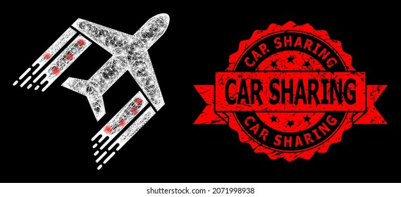 Glühendes Netz-Luftfahrt mit leuchtenden Flecken und Auto-Sharing ungleichen Band-Siegel. Rotes Siegel enthält Carsharing-Beschriftung in Band.