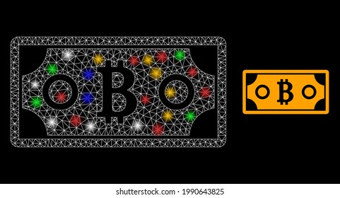 Glowing mesh net bitcoin bill with multicolored glowing spots. Illuminated vector carcass created from bitcoin bill pictogram. Sparkle constellation mesh bitcoin bill, on a black backgound.