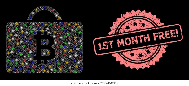 Glowing mesh net bitcoin case with glowing spots, and 1St Month Free Attention unclean rosette seal print. Illuminated vector constellation created from bitcoin case icon.