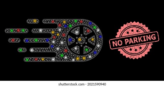 Rueda de malla brillante con manchas brillantes y sin rosetón inlimpio de estacionamiento. Malla vectorial iluminada creada a partir del símbolo de la rueda del bolido. El sello rosado incluye la etiqueta No Parking dentro de la rosette.
