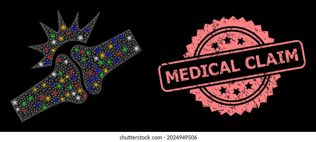 Verglühende Netzknochenfraktur mit glühenden Flecken und medizinischer Anspruch kratzte Rosettendichtung. Illuminierte Vektorstruktur, die aus dem Symbol für Knochenfraktur entsteht.