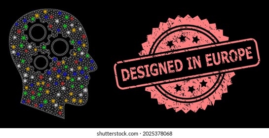 Zahnräder mit glänzendem Maschennetz und Gummirosette-Robbendruck in Europa. Illuminiertes Vektormodell, das aus dem Symbol für Gehirngetriebegeräte erstellt wurde.