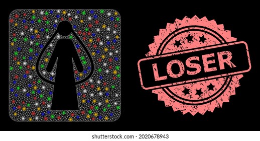 Glowing mesh net bride with flash nodes, and Loser corroded rosette stamp. Illuminated vector constellation created from bride pictogram. Pink stamp seal includes Loser caption inside rosette.
