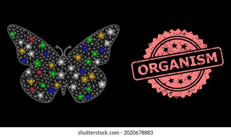 Glowing mesh net butterfly with flash nodes, and Organism scratched rosette stamp. Illuminated vector mesh created from butterfly icon. Pink stamp includes Organism title inside rosette.
