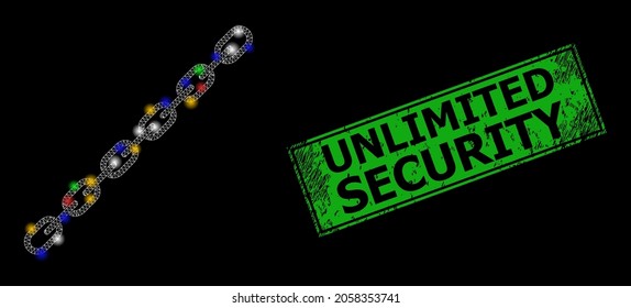 Glowing mesh net chain with colorful glowing spots, and grunge Unlimited Security seal. Green seal contains Unlimited Security title inside framed rectangle.