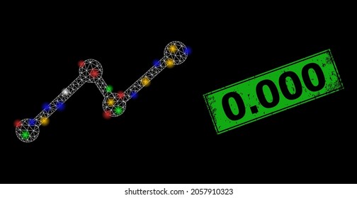 Glowing mesh net chart with multicolored glowing spots, and grunge 0.000 seal stamp. Green stamp has 0.000 tag inside framed rectangle. Constellation vector frame created from chart pictogram.
