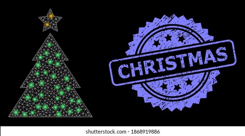 Glowing mesh net christmas tree with glowing spots, and Christmas rubber rosette stamp seal. Illuminated vector model created from christmas tree icon. Blue seal has Christmas caption inside rosette.