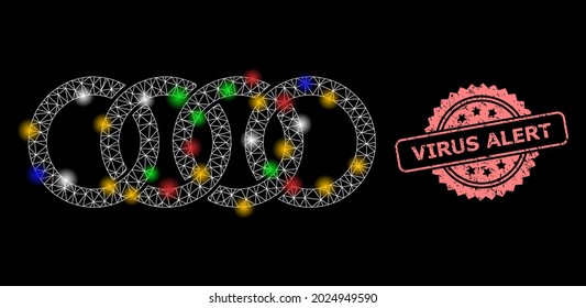 Glowing mesh net circle chain with glowing spots, and Virus Alert textured rosette stamp seal. Illuminated vector model created from circle chain icon.