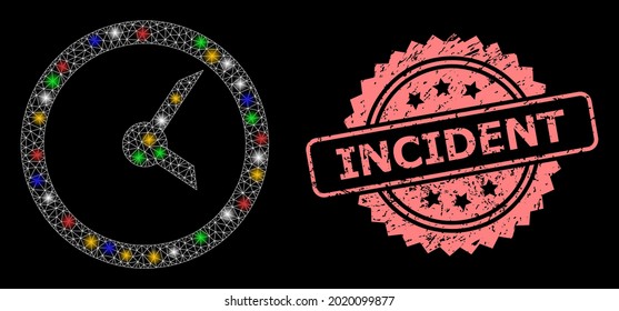 Glowing mesh net clock with lightspots, and Incident grunge rosette stamp. Illuminated vector mesh created from clock symbol. Pink stamp seal contains Incident text inside rosette.