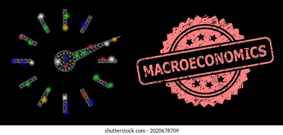 Glowing mesh net clockface with flash nodes, and Macroeconomics dirty rosette stamp seal. Illuminated vector mesh created from clockface icon. Pink stamp contains Macroeconomics title inside rosette.