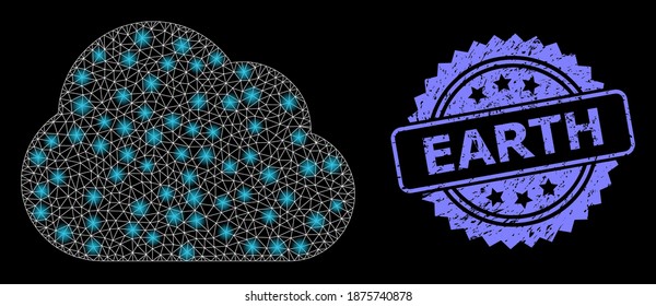 Glowing mesh net cloud with lightspots, and Earth unclean rosette seal. Illuminated vector constellation created from cloud icon. Blue stamp has Earth tag inside rosette.