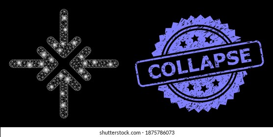 Gleuchtendes Netz Kollaps Pfeile mit Leuchtpunkten, und Kollapse schmutzige Rosette Stempel-Siegel. Illuminierte Vektorkonstellation, die aus dem Kollaps von Pfeilen-Symbol erstellt wurde.