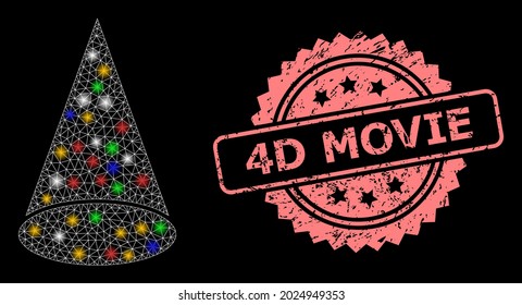 Glowing mesh net cone figure with bright dots, and 4D Movie textured rosette seal imitation. Illuminated vector mesh created from cone figure symbol. Pink seal has 4D Movie caption inside rosette.