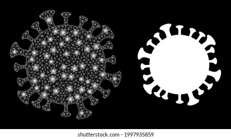 Celda del coronavirus de malla brillante con manchas brillantes. Constelación vectorial iluminada creada a partir del icono de la célula del coronavirus con malla blanca. Carcasa espumosa de malla de la célula coronavirus poligonal.