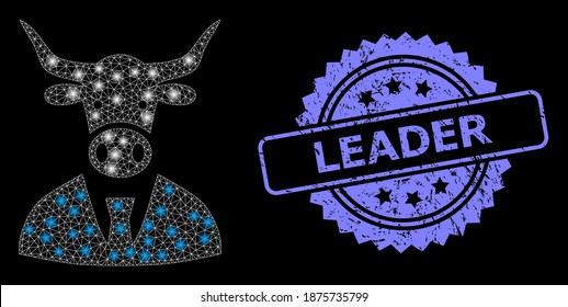 Glowing mesh net cow boss with lightspots, and Leader rubber rosette stamp seal. Illuminated vector constellation created from cow boss icon. Blue stamp seal contains Leader text inside rosette.