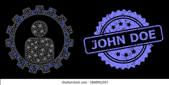 Glühendes Mesh-Netz-Setup-Gerät mit Lichtpunkten und John Doe Gummi Rosette Robbendruck. Illuminierte Vektorkonstellation, die aus dem Symbol für den Einrichtungsgegenstand des Kunden erstellt wurde.