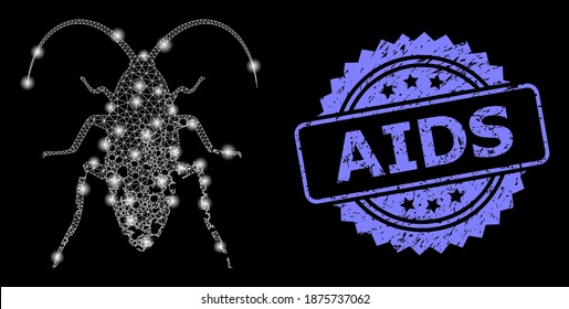 Glowing mesh net damaged cockroach with glowing spots, and AIDS grunge rosette stamp seal. Illuminated vector model created from damaged cockroach icon. Blue stamp seal has AIDS title inside rosette.