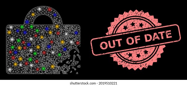 Glowing mesh net damaged luggage with glowing spots, and Out of Date unclean rosette seal. Illuminated vector model created from damaged luggage icon. Pink stamp has Out of Date title inside rosette.