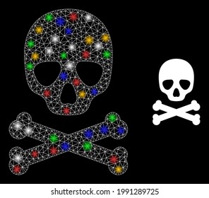 Calavera de muerte de malla brillante con puntos de luz de color. Marco vectorial de constelación creado a partir del pictograma del cráneo de muerte. La espuma de la constelación mece el cráneo de la muerte, sobre un fondo negro.