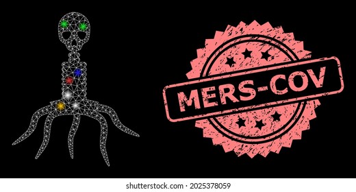 Glowing mesh net death virus with lightspots, and Mers-Cov dirty rosette seal imitation. Illuminated vector mesh created from death virus icon.