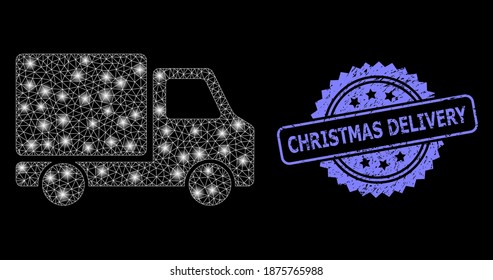 Glowing mesh net delivery car with glowing spots, and Christmas Delivery grunge rosette seal print. Illuminated vector model created from delivery car icon.