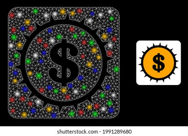 Caja de malla brillante neta en dólares con coloridos puntos brillantes. Malla vectorial iluminada creada a partir del pictograma de caja de dólar. La espuma de la constelación de la malla del dólar, sobre un fondo negro.