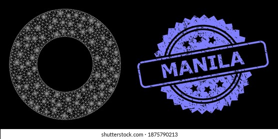 Glowing mesh net donut with lightspots, and Manila scratched rosette seal imitation. Illuminated vector constellation created from donut icon. Blue stamp includes Manila tag inside rosette.