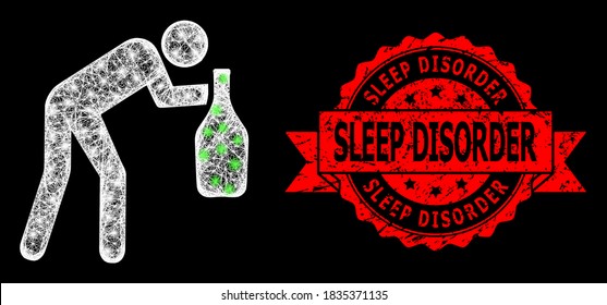 Glowing mesh net drunky man with glowing spots, and Sleep Disorder scratched ribbon stamp seal. Red stamp seal includes Sleep Disorder title inside ribbon.
