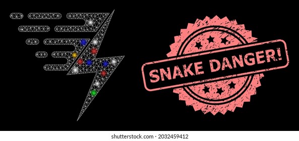 Glowing mesh net electric power with flash nodes, and Snake Danger Attention textured rosette seal print. Illuminated vector constellation created from electric power icon.