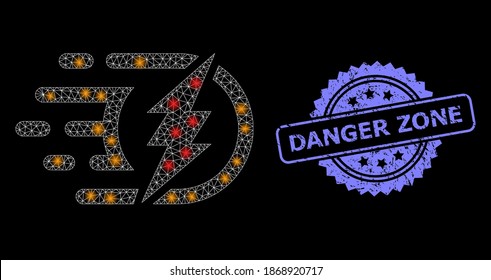 Glowing mesh net electrical charge with light spots, and Danger Zone textured rosette stamp seal. Illuminated vector model created from electrical charge icon.