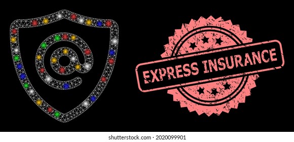 Protección de direcciones de correo electrónico de red de malla brillante con manchas brillantes y impresión de sellos de rosette rayada por Express Insurance. Estructura vectorial iluminada creada a partir del símbolo de protección de direcciones de correo electrónico.