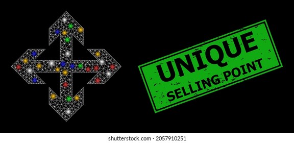 La red de malla brillante expande las flechas con manchas de luz coloridas, y grunge sello de sello de punto de venta único. El sello verde contiene el título Punto de venta único dentro del rectángulo enmarcado.