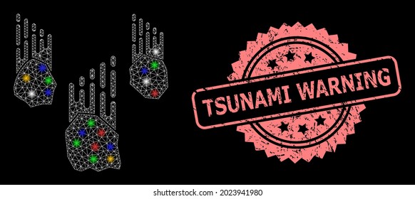 Glowing mesh net falling rocks with flash nodes, and Tsunami Warning corroded rosette seal print. Illuminated vector model created from falling rocks pictogram.