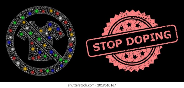 La red de malla brillante prohibía la ropa de camiseta con manchas brillantes y el sello de rosette corroido de Stop Doping. Malla vectorial iluminada creada a partir de un icono de ropa de camiseta prohibida.