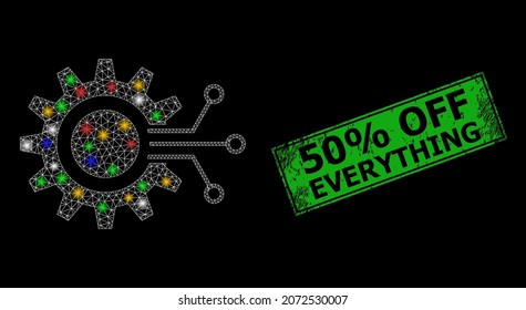 Glowing mesh net gear interface with multicolored lightspots, and grunge 50 discount Off Everything seal stamp. Green seal contains 50 discount Off Everything title inside framed rectangle.