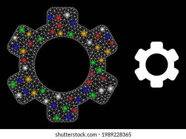 Glowing mesh net gear with multicolored bright dots. Constellation vector frame created from gear icon. Sparkle constellation mesh gear, on a black backgound.