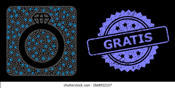 Glowing mesh net gem ring with glowing spots, and Gratis scratched rosette watermark. Illuminated vector constellation created from gem ring icon. Blue stamp seal contains Gratis title inside rosette.