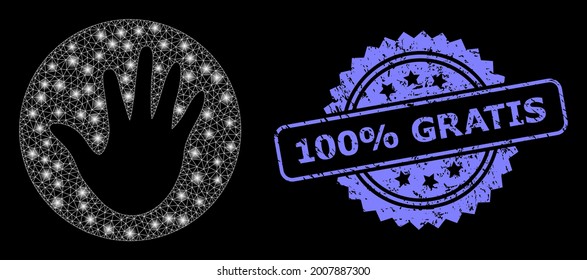 Glowing mesh net hand circle with glowing spots, and 100 percent Gratis unclean rosette stamp. Illuminated vector model created from hand circle icon. Blue stamp has 100 percent Gratis title inside