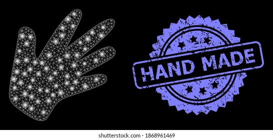 Glowing mesh net hand with glowing spots, and Hand Made textured rosette seal print. Illuminated vector constellation created from hand icon. Blue seal includes Hand Made text inside rosette.