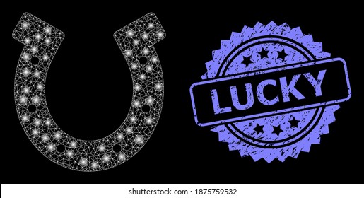 Glowing mesh net horseshoe with glowing spots, and Lucky unclean rosette stamp seal. Illuminated vector constellation created from horseshoe icon. Blue stamp seal has Lucky title inside rosette.