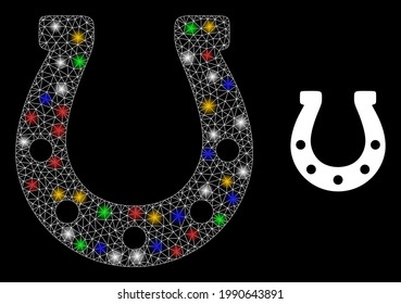 Glowing mesh net horseshoe with vibrant light dots. Constellation vector mesh created from horseshoe pictogram. Sparkle carcass mesh horseshoe, on a black backgound.