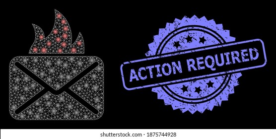 Glowing mesh net hot mail with glowing spots, and Action Required grunge rosette stamp. Illuminated vector model created from hot mail icon.