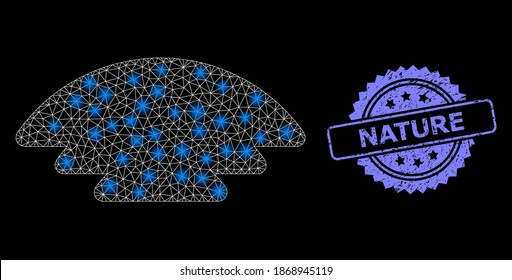 Glowing mesh net ice hill with glowing spots, and Nature rubber rosette stamp. Illuminated vector model created from ice hill icon. Blue seal has Nature text inside rosette.